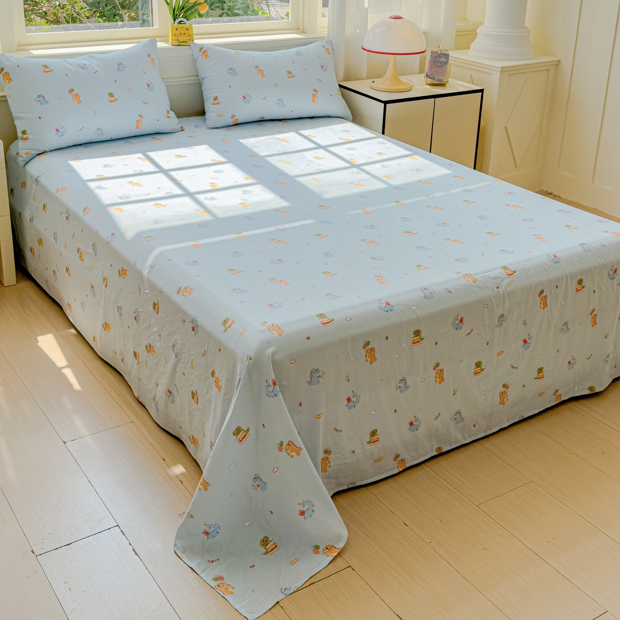 91家纺网 家纺一手货源 找家纺 感遇家纺 2026春夏新款双层纱全棉纯棉系列四件套-第一批 蓝色恐龙