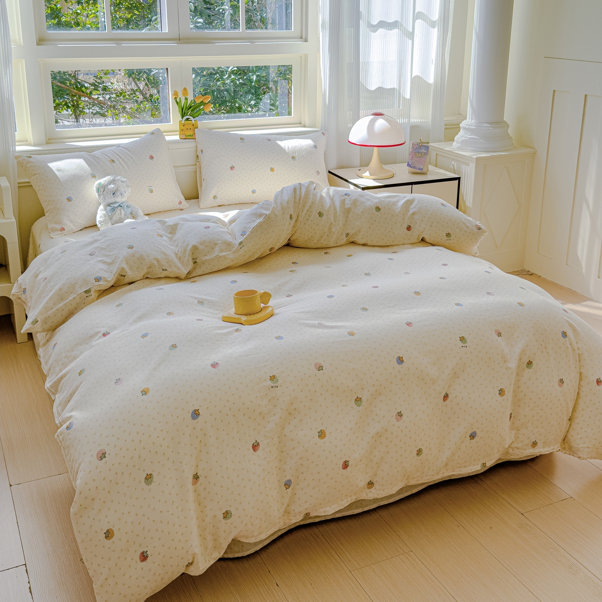 91家纺网 家纺一手货源 找家纺 感遇家纺 2026春夏新款双层纱全棉纯棉系列四件套-第一批 恋恋草莓