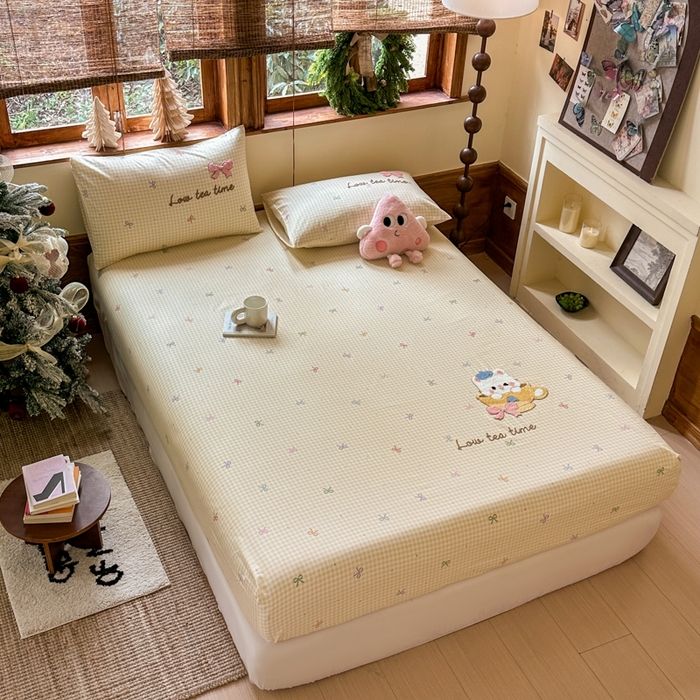 91家纺网 家纺一手货源 找家纺 （总）布柔 2026春夏新款13070纯棉全棉印花绣花床笠三件套四件套