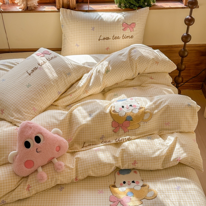 91家纺网 家纺一手货源 找家纺 （总）布柔 2026春夏新款13070纯棉全棉印花绣花床笠三件套四件套