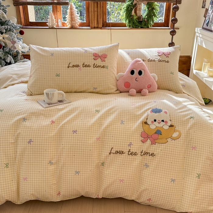 91家纺网 家纺一手货源 找家纺 （总）布柔 2026春夏新款13070纯棉全棉印花绣花床笠三件套四件套