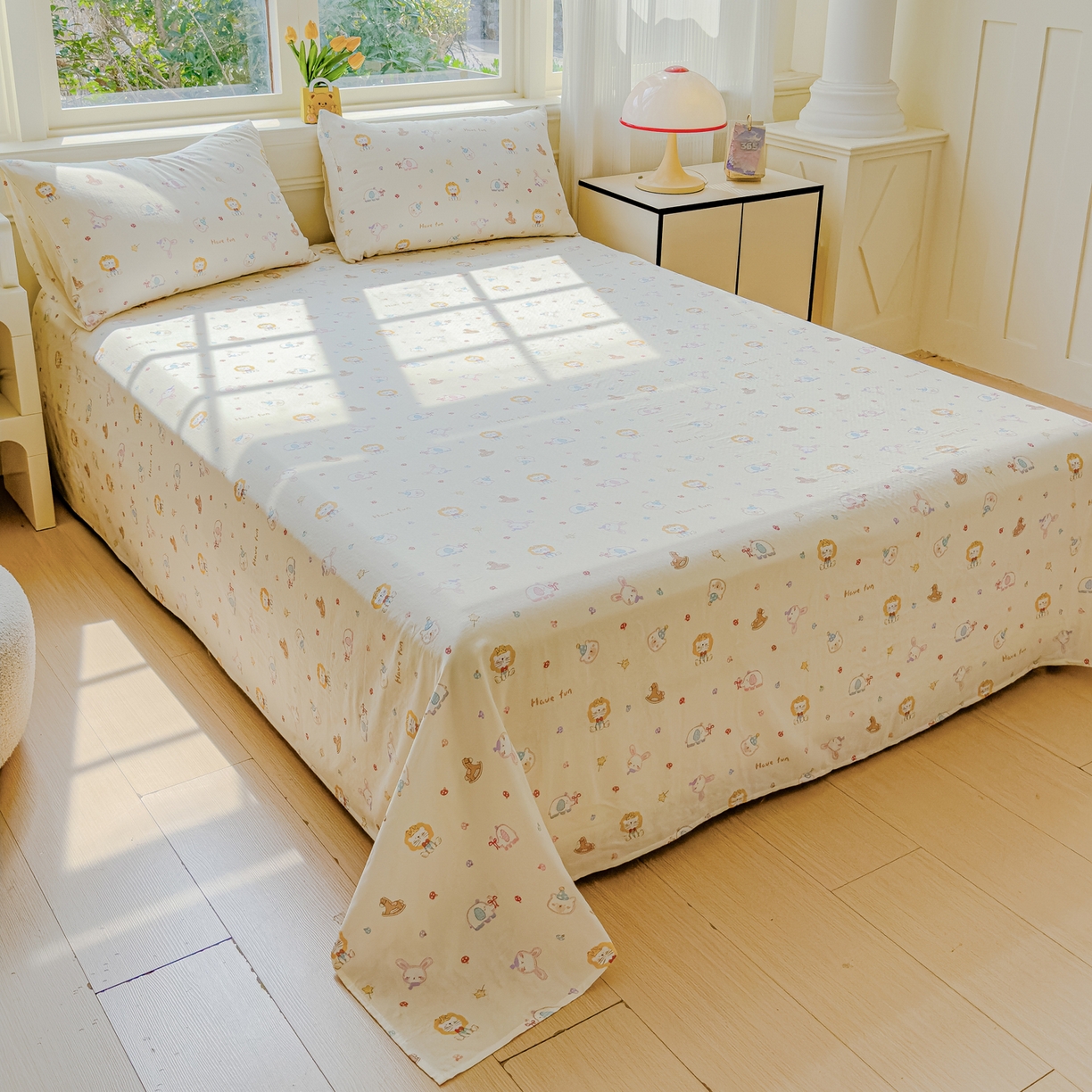 91家纺网 家纺一手货源 找家纺 感遇家纺 2026春夏新款双层纱全棉纯棉系列四件套-第一批 萌宠乐园·米黄