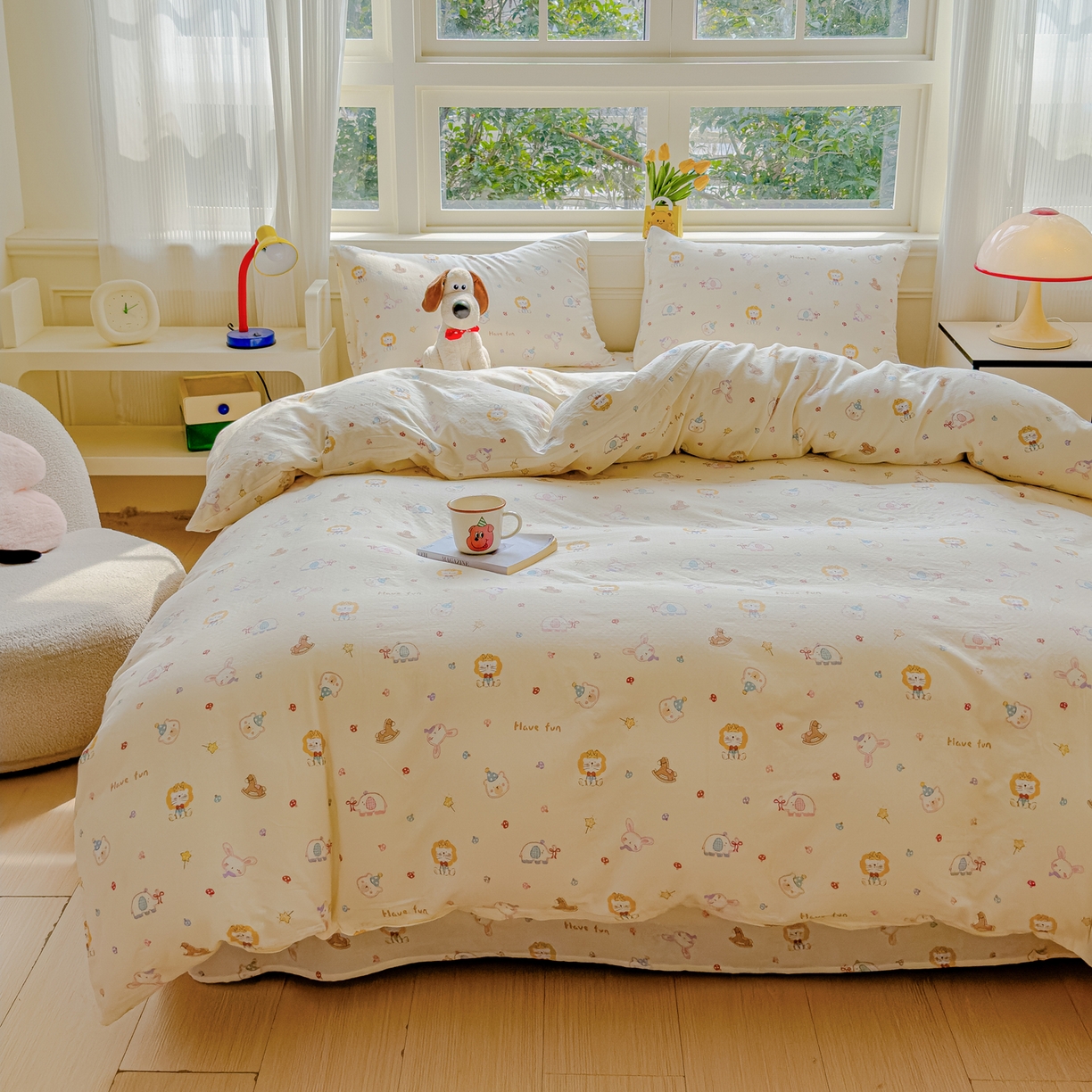 91家纺网 家纺一手货源 找家纺 感遇家纺 2026春夏新款双层纱全棉纯棉系列四件套-第一批 萌宠乐园·米黄