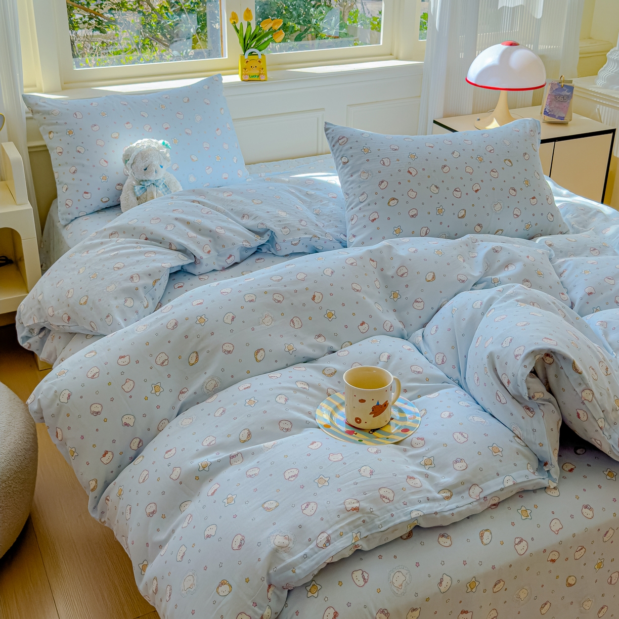 91家纺网 家纺一手货源 找家纺 感遇家纺 2026春夏新款双层纱全棉纯棉系列四件套-第一批 星星猫