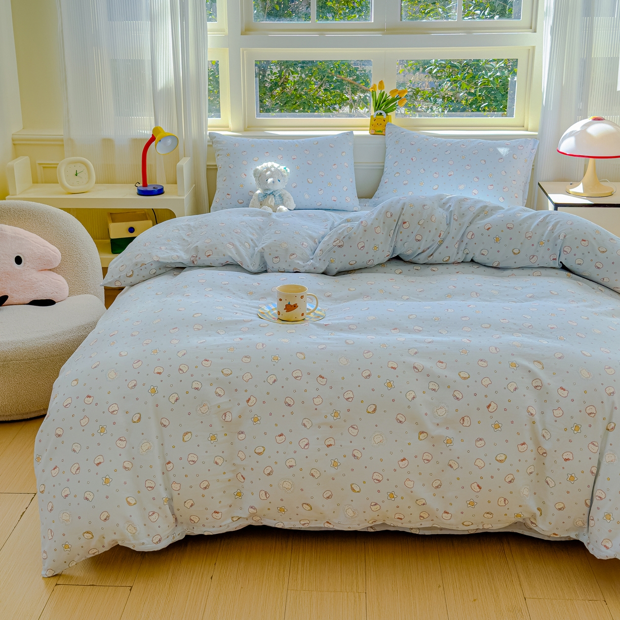 91家纺网 家纺一手货源 找家纺 感遇家纺 2026春夏新款双层纱全棉纯棉系列四件套-第一批 星星猫