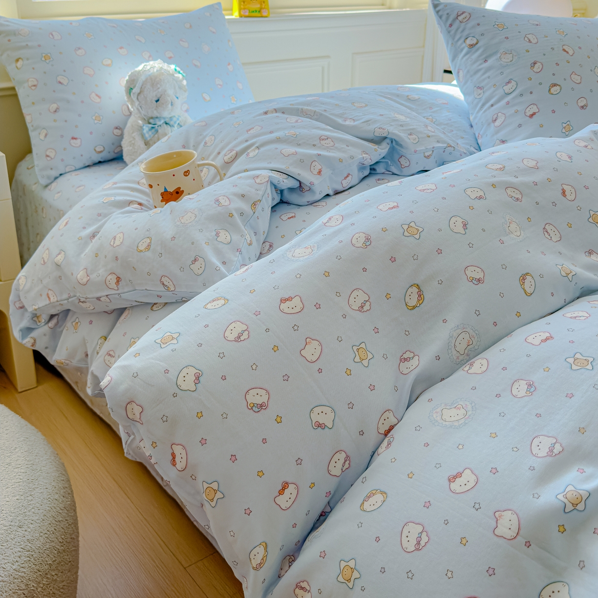 91家纺网 家纺一手货源 找家纺 感遇家纺 2026春夏新款双层纱全棉纯棉系列四件套-第一批 星星猫