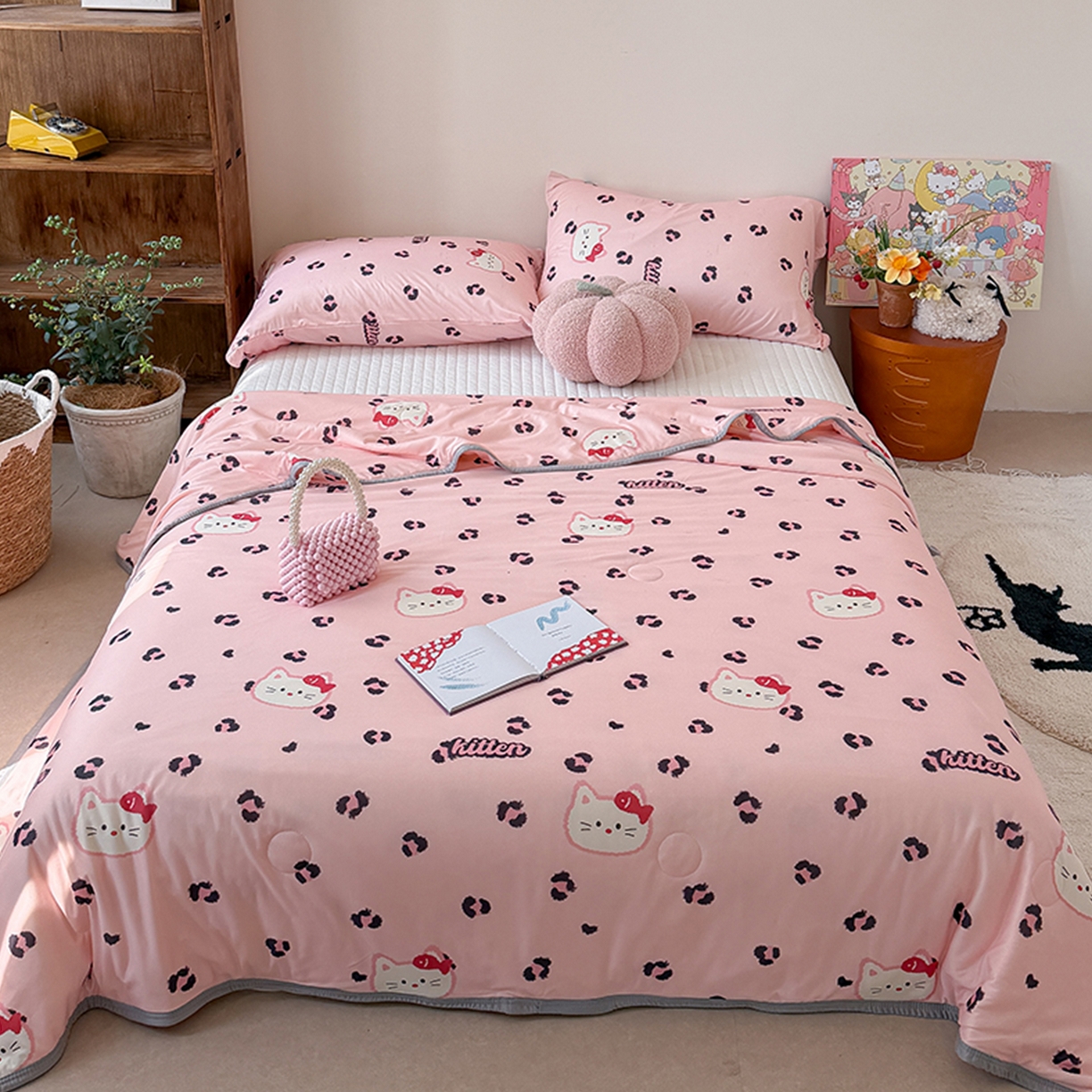 桃子家居 2026新款A类卡通小清新印花高品质牛奶丝软糯针织棉包边夏被系列 针织棉-粉豹猫咪