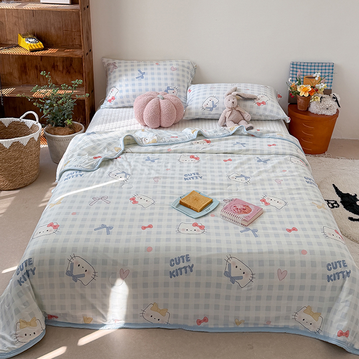 桃子家居 2026新款A类卡通小清新印花高品质牛奶丝软糯针织棉包边夏被系列 针织棉-蓝格喵喵