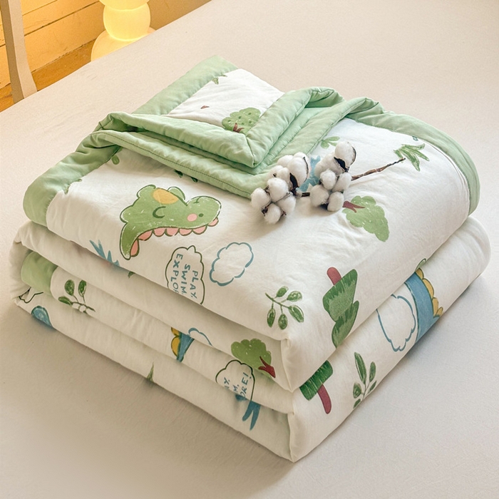91家纺网 家纺一手货源 找家纺 爱屋及屋 2026新款水洗棉印花夏被夏凉被被子被芯 绿色恐龙