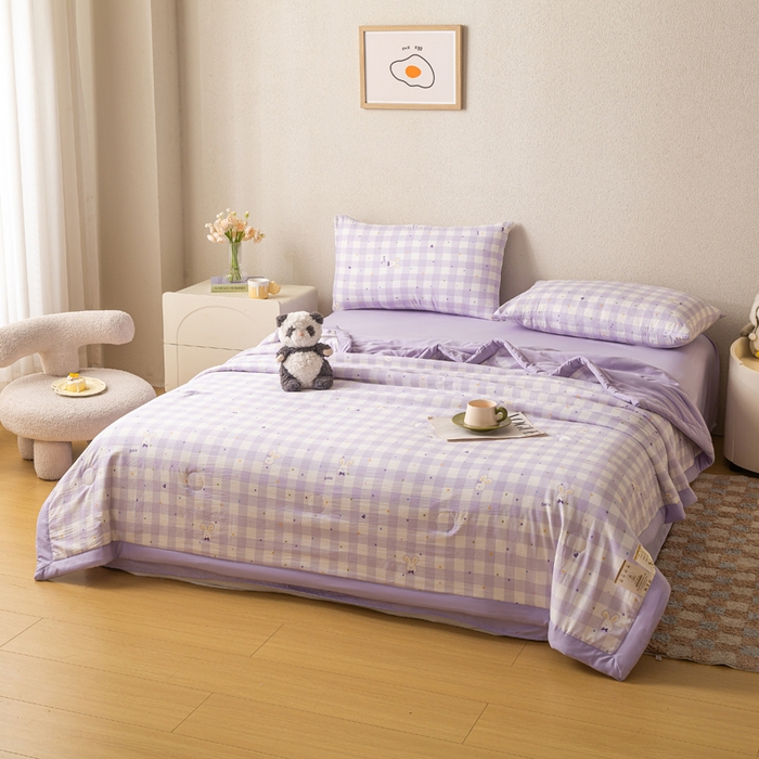 91家纺网 家纺一手货源 找家纺 爱屋及屋 2026新款水洗棉印花夏被夏凉被被子被芯 格子小兔