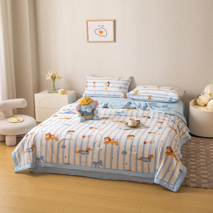 91家纺网 家纺一手货源 找家纺 爱屋及屋 2026新款水洗棉印花夏被夏凉被被子被芯 竖条小狗