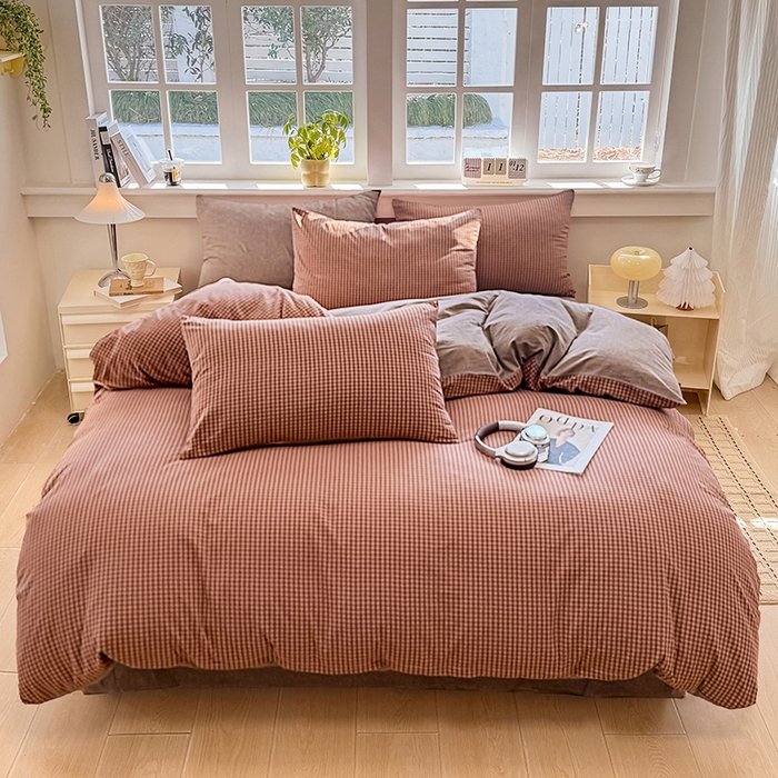 91家纺网 家纺一手货源 找家纺 梦依依 2026新款全棉色织水洗棉拉链款单品被套 琥珀红