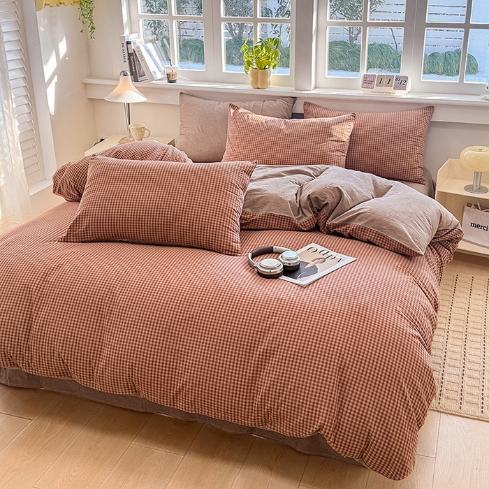 91家纺网 家纺一手货源 找家纺 梦依依 2026新款全棉色织水洗棉拉链款单品被套 琥珀红