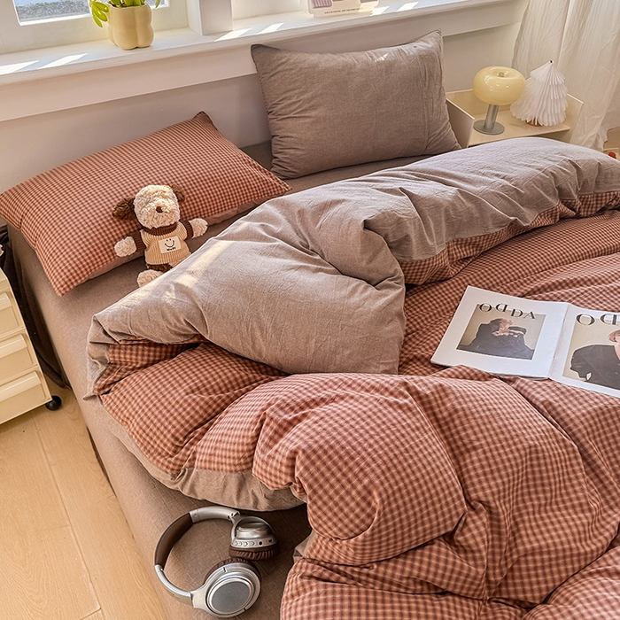 91家纺网 家纺一手货源 找家纺 梦依依 2026新款全棉色织水洗棉拉链款单品被套 琥珀红