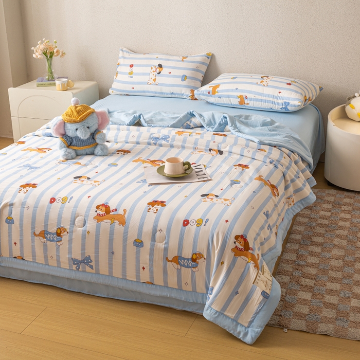 91家纺网 家纺一手货源 找家纺 爱屋及屋 2026新款水洗棉印花夏被夏凉被被子被芯 竖条小狗