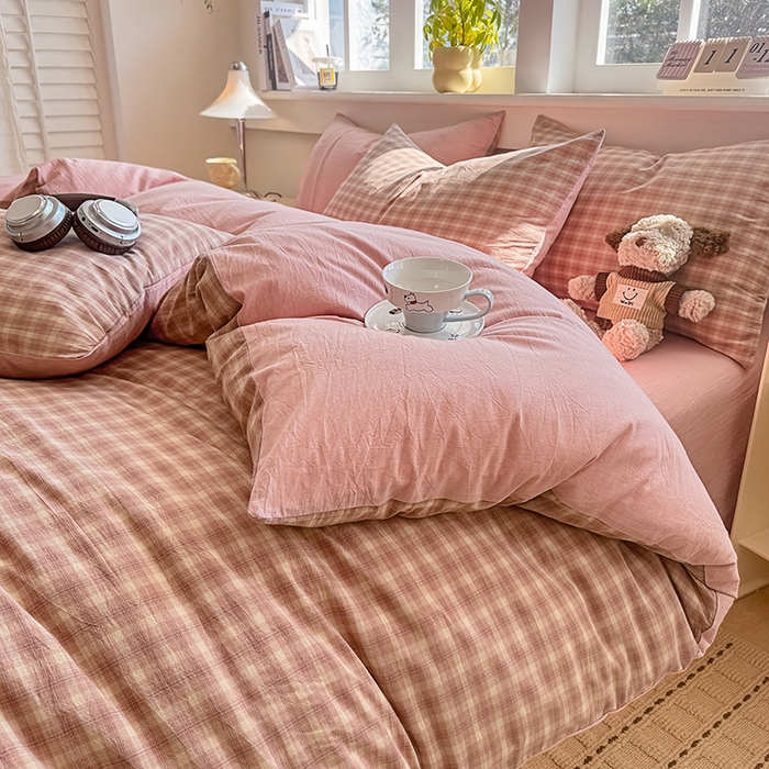 91家纺网 家纺一手货源 找家纺 梦依依 2026新款全棉色织水洗棉拉链款单品被套 浣花粉