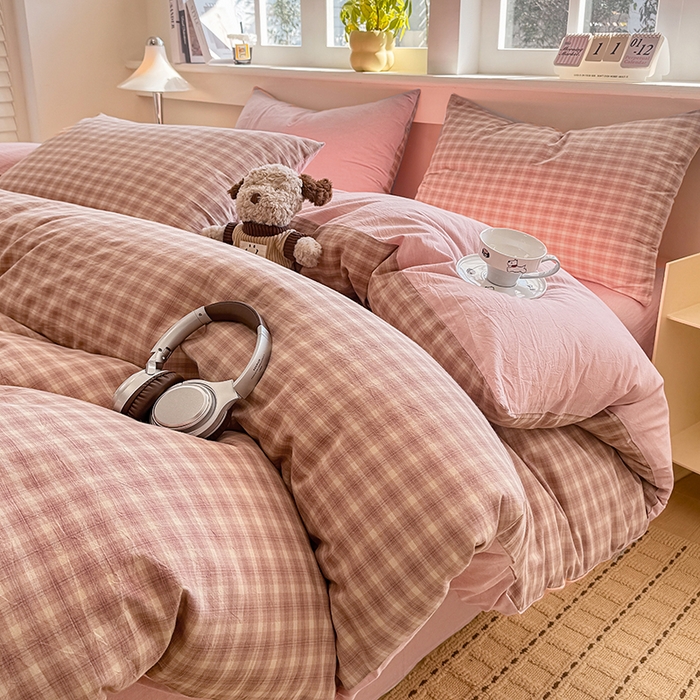 91家纺网 家纺一手货源 找家纺 梦依依 2026新款全棉色织水洗棉拉链款单品被套 浣花粉