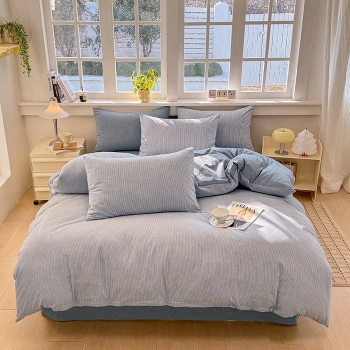 91家纺网 家纺一手货源 找家纺 梦依依 2026新款全棉色织水洗棉拉链款单品被套 蓝细条