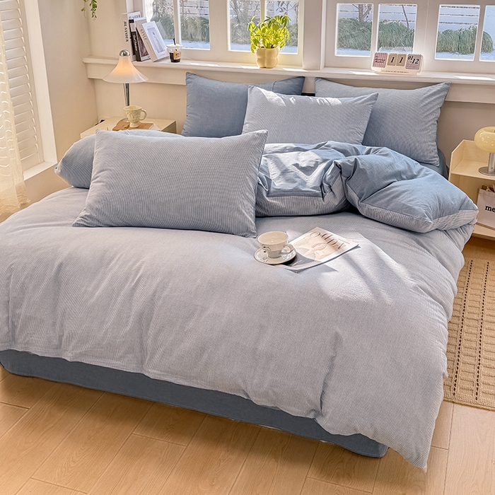 91家纺网 家纺一手货源 找家纺 梦依依 2026新款全棉色织水洗棉拉链款单品被套 蓝细条