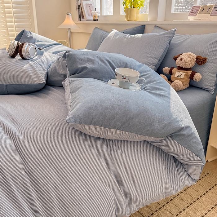 91家纺网 家纺一手货源 找家纺 梦依依 2026新款全棉色织水洗棉拉链款单品被套 蓝细条