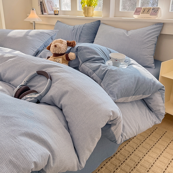 91家纺网 家纺一手货源 找家纺 梦依依 2026新款全棉色织水洗棉拉链款单品被套 蓝细条