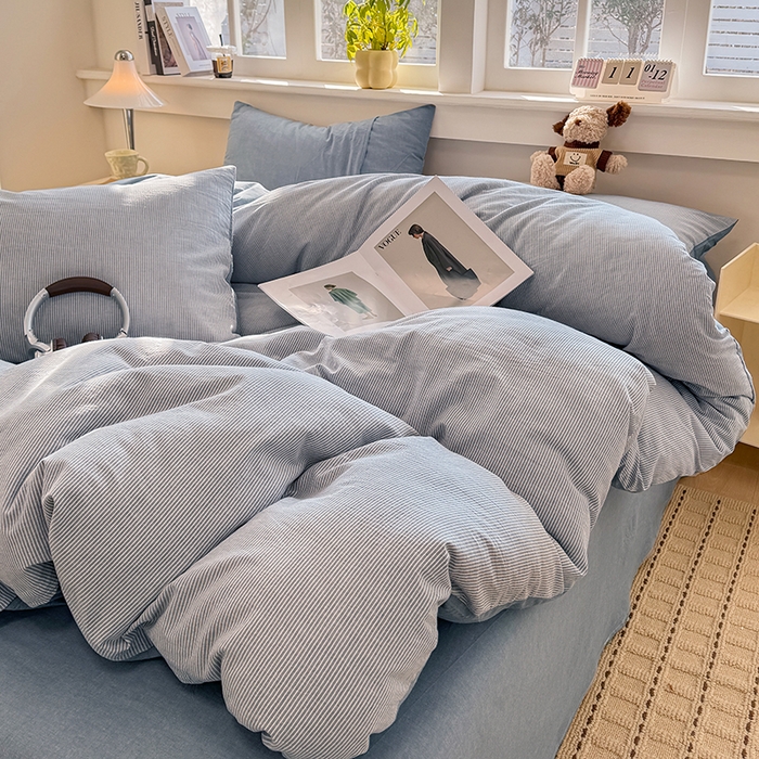 91家纺网 家纺一手货源 找家纺 梦依依 2026新款全棉色织水洗棉拉链款单品被套 蓝细条