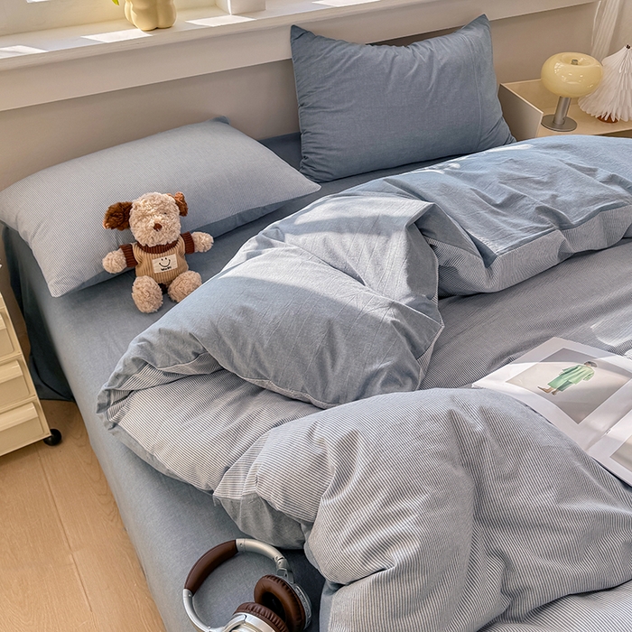 91家纺网 家纺一手货源 找家纺 梦依依 2026新款全棉色织水洗棉拉链款单品被套 蓝细条