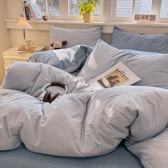 91家纺网 家纺一手货源 找家纺 梦依依 2026新款全棉色织水洗棉拉链款单品被套 蓝细条