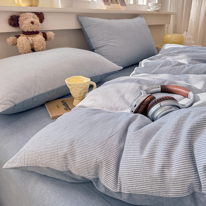 91家纺网 家纺一手货源 找家纺 梦依依 2026新款全棉色织水洗棉拉链款单品被套 蓝细条