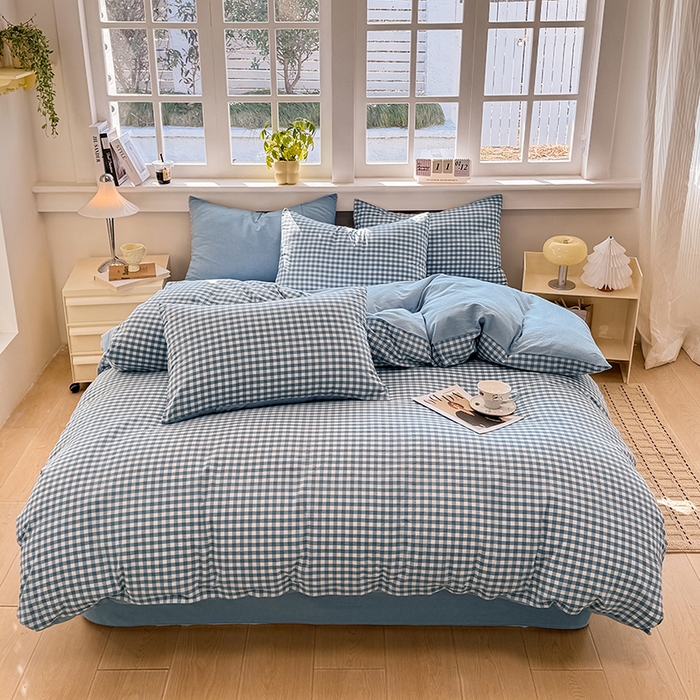 91家纺网 家纺一手货源 找家纺 梦依依 2026新款全棉色织水洗棉拉链款单品被套 蓝小格