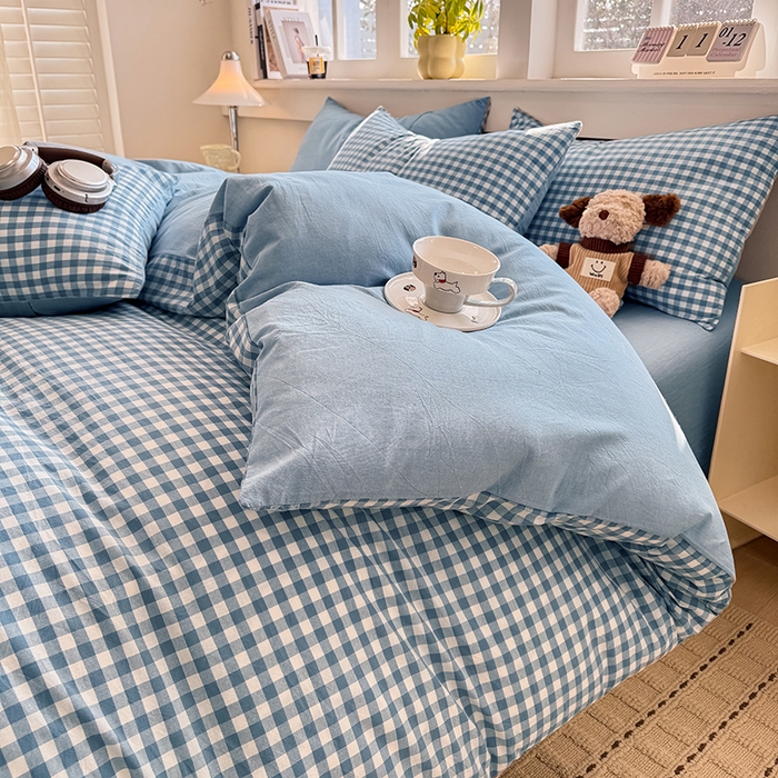 91家纺网 家纺一手货源 找家纺 梦依依 2026新款全棉色织水洗棉拉链款单品被套 蓝小格