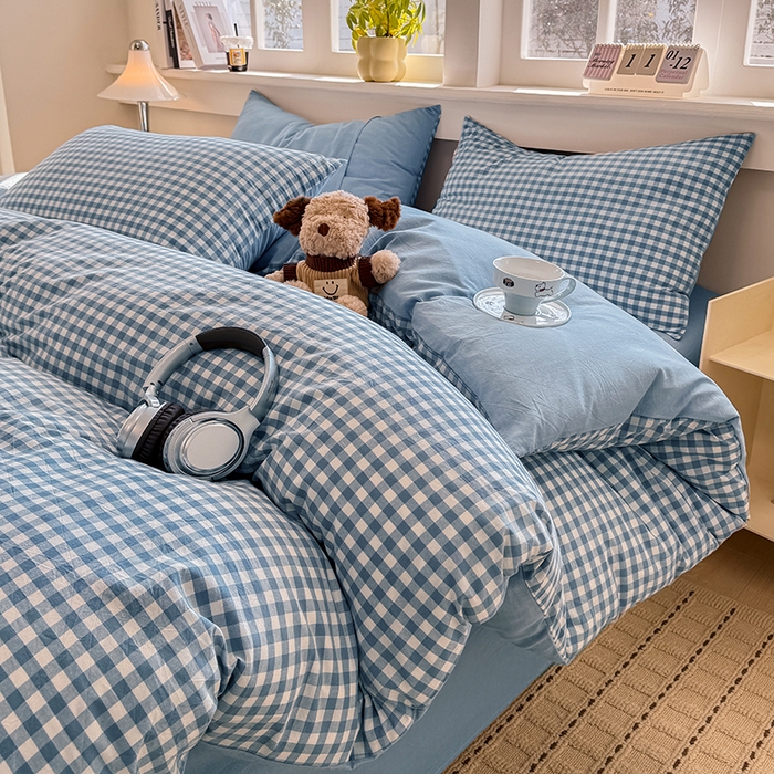 91家纺网 家纺一手货源 找家纺 梦依依 2026新款全棉色织水洗棉拉链款单品被套 蓝小格