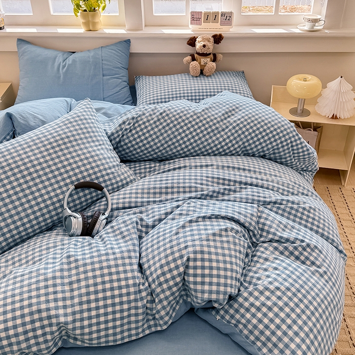 91家纺网 家纺一手货源 找家纺 梦依依 2026新款全棉色织水洗棉拉链款单品被套 蓝小格