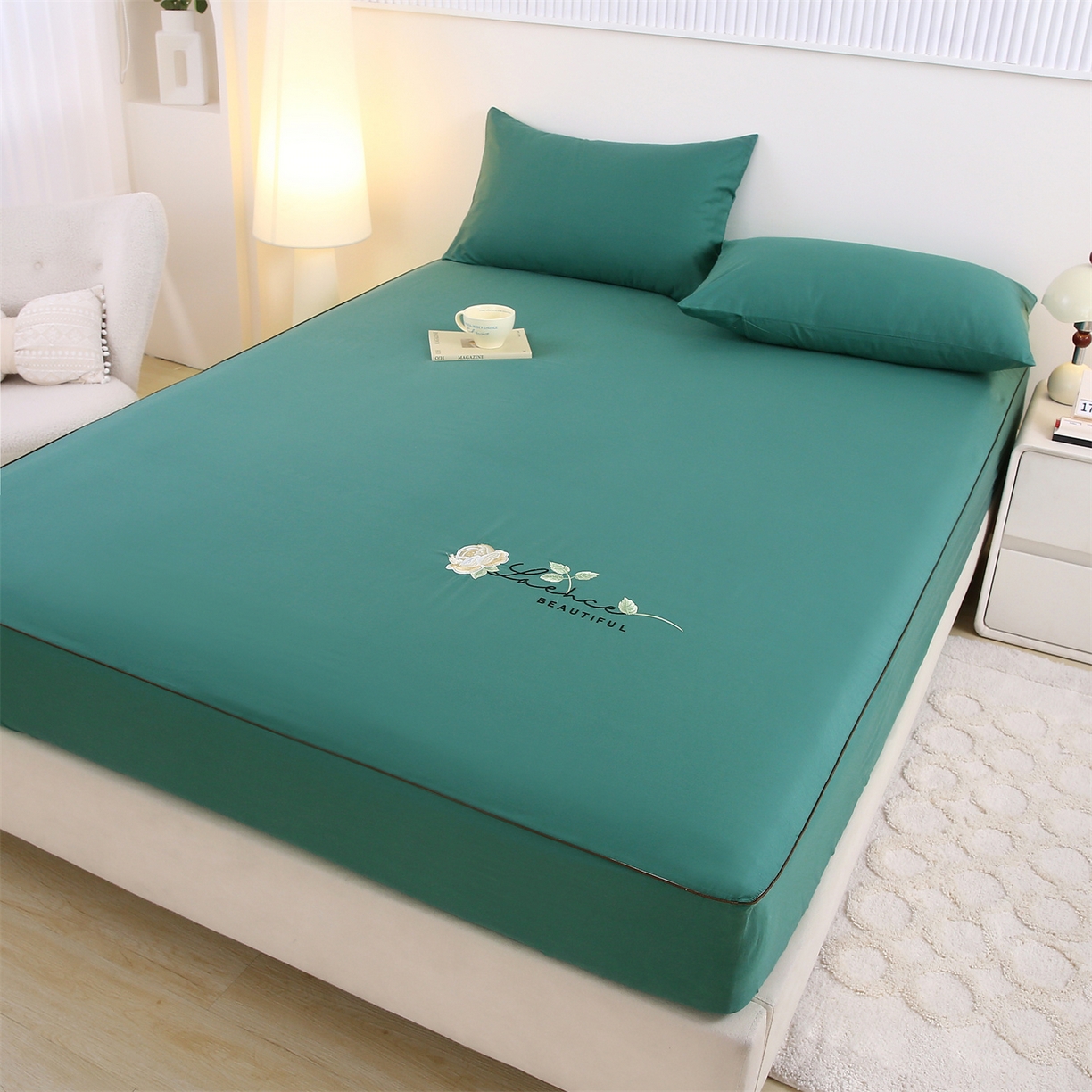 91家纺网 家纺一手货源 找家纺 乐逸家纺 2026新款斜纹全棉100%高支高密40支精美刺绣款单层床笠三件套一见倾心系列 一见倾心-复古绿