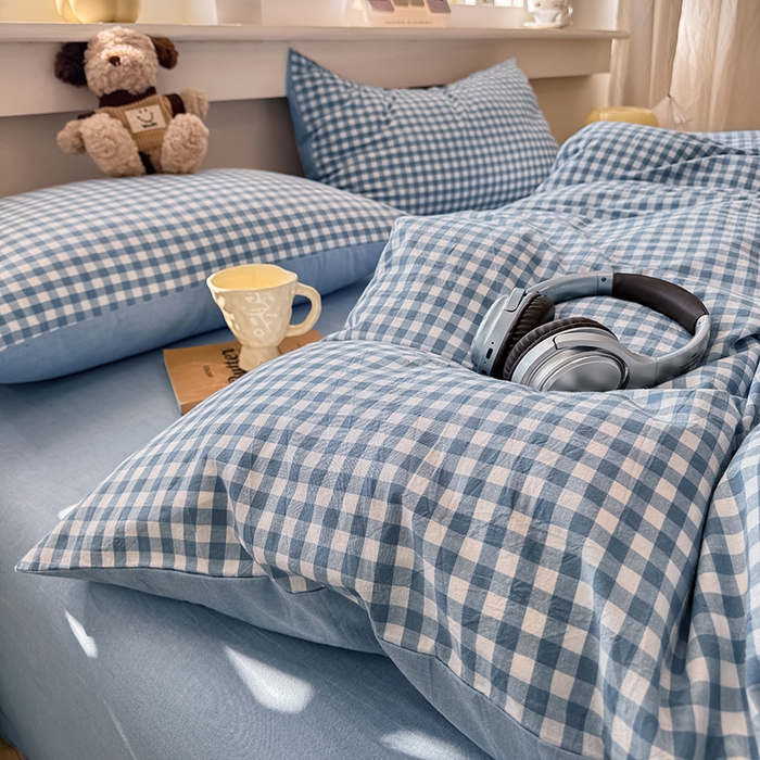 91家纺网 家纺一手货源 找家纺 梦依依 2026新款全棉色织水洗棉拉链款单品被套 蓝小格