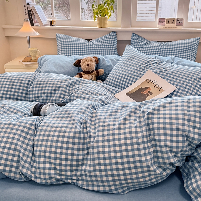 91家纺网 家纺一手货源 找家纺 梦依依 2026新款全棉色织水洗棉拉链款单品被套 蓝小格