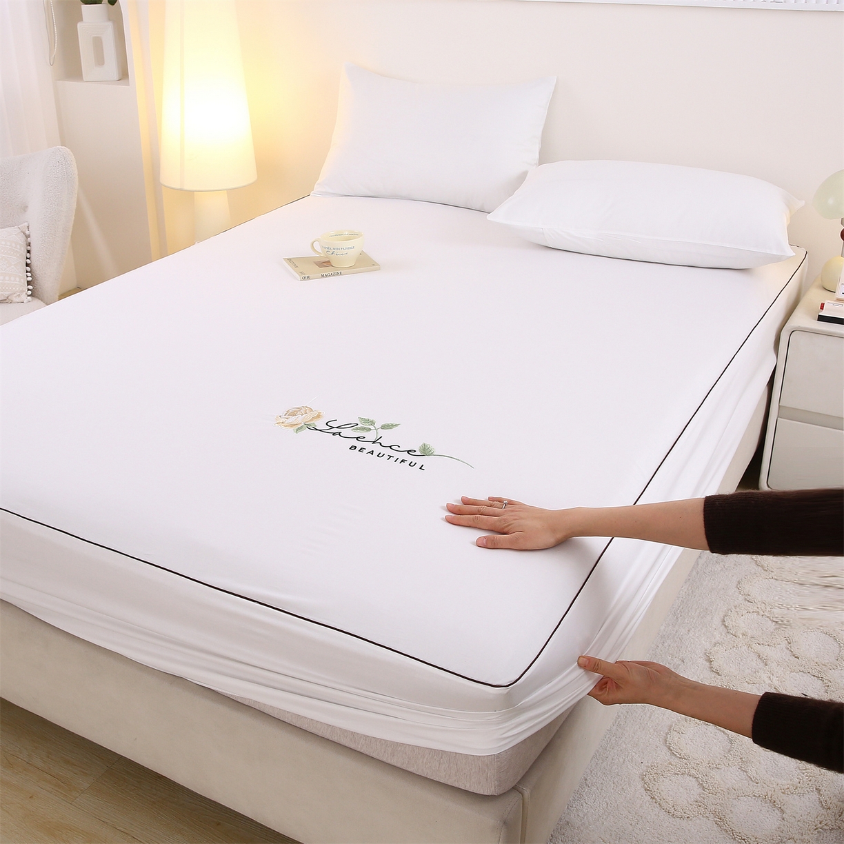 乐逸家纺 2026新款斜纹全棉100%高支高密40支精美刺绣款单层床笠三件套一见倾心系列 一见倾心-纯白