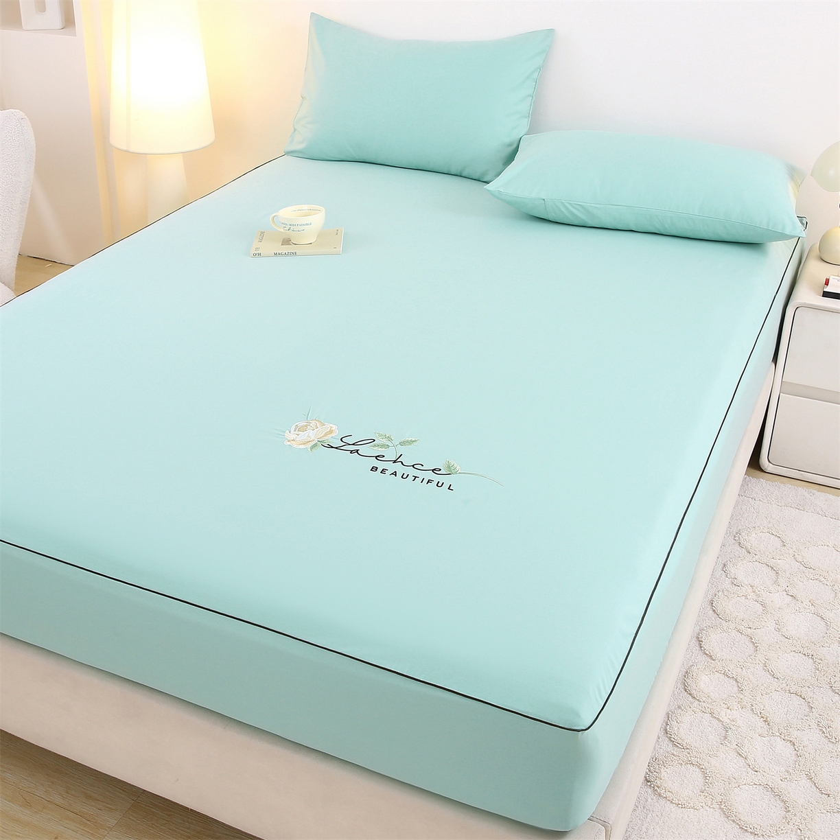 91家纺网 家纺一手货源 找家纺 乐逸家纺 2026新款斜纹全棉100%高支高密40支精美刺绣款单层床笠三件套一见倾心系列 一见倾心-蒂芙尼蓝