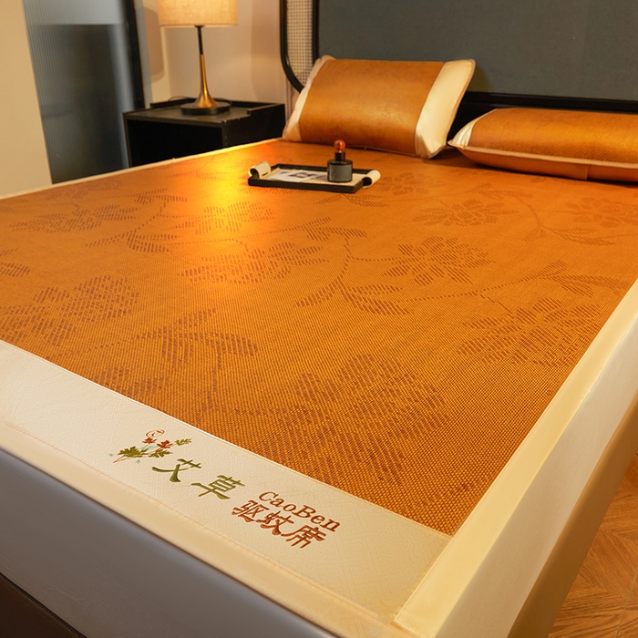 91家纺网 家纺一手货源 找家纺 大元 2026新款凉席刺绣艾草藤席 刺绣款-水中花