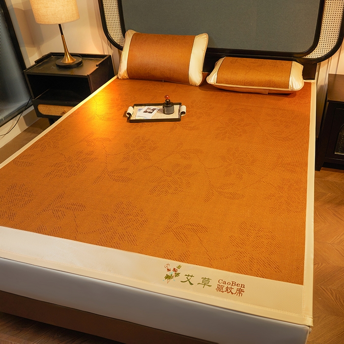 91家纺网 家纺一手货源 找家纺 大元 2026新款凉席刺绣艾草藤席 刺绣款-水中花