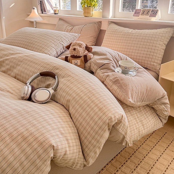 91家纺网 家纺一手货源 找家纺 梦依依 2026新款全棉色织水洗棉拉链款单品被套 柠檬卡其