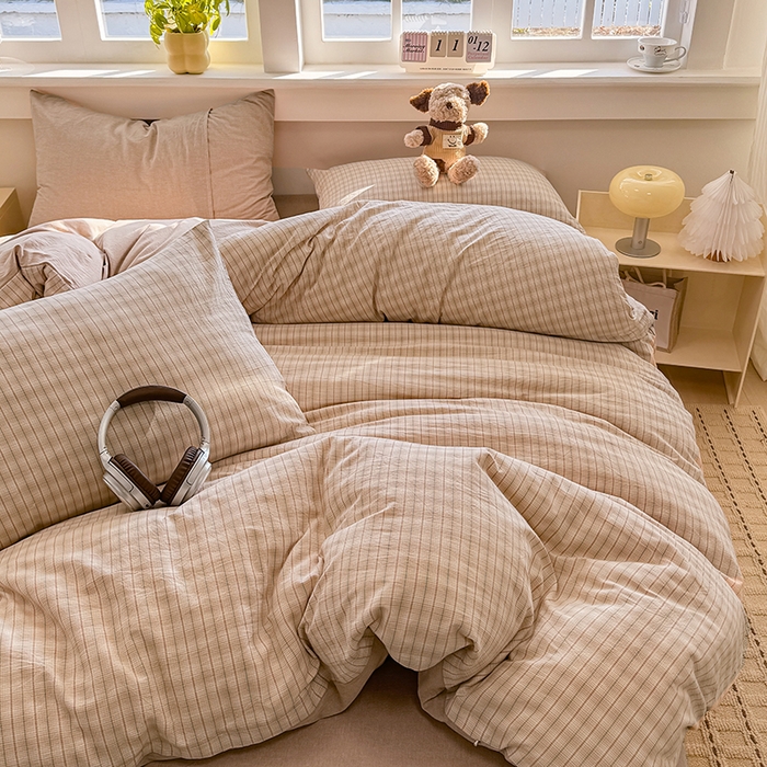 91家纺网 家纺一手货源 找家纺 梦依依 2026新款全棉色织水洗棉拉链款单品被套 柠檬卡其