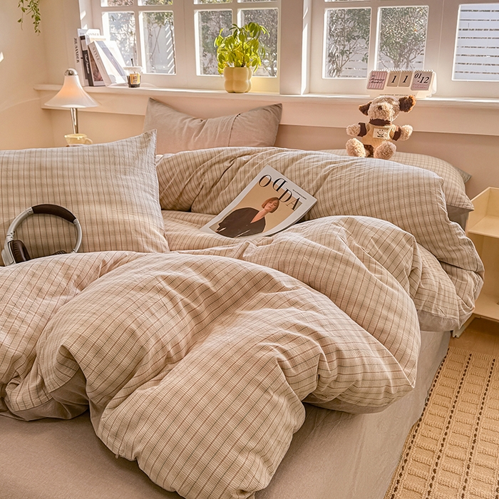 91家纺网 家纺一手货源 找家纺 梦依依 2026新款全棉色织水洗棉拉链款单品被套 柠檬卡其