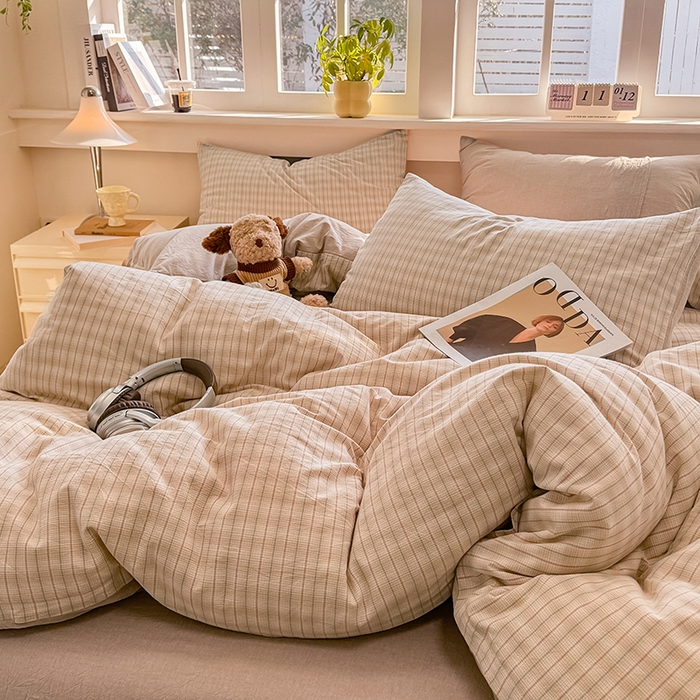 91家纺网 家纺一手货源 找家纺 梦依依 2026新款全棉色织水洗棉拉链款单品被套 柠檬卡其