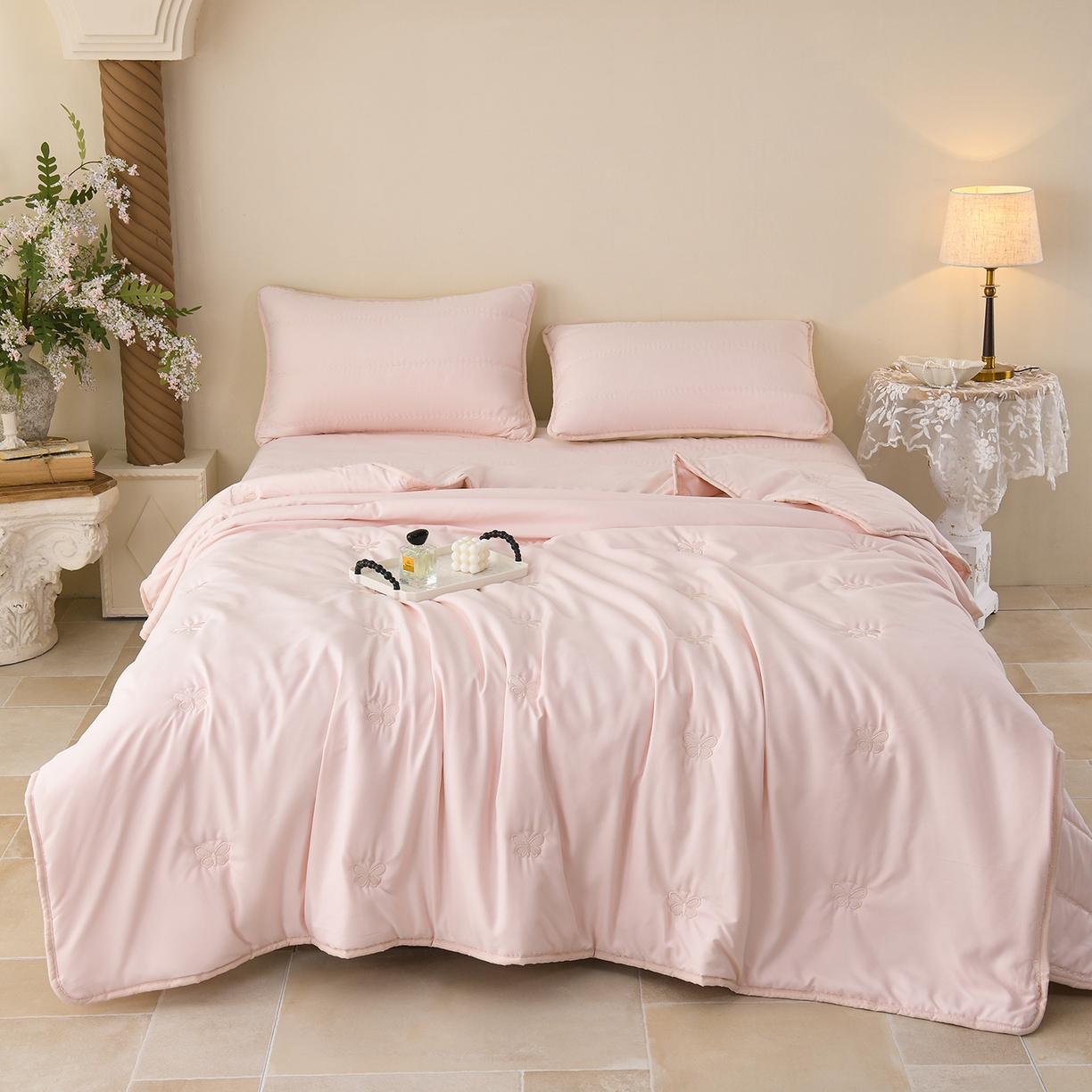 91家纺网 家纺一手货源 找家纺 推推家纺 2026新款水洗棉床盖夏被四件套 蝴蝶-粉色