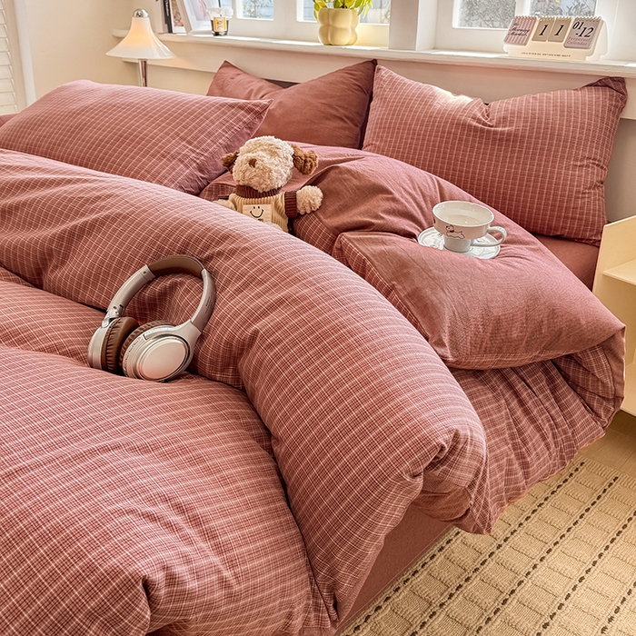 91家纺网 家纺一手货源 找家纺 梦依依 2026新款全棉色织水洗棉拉链款单品被套 晚晴红