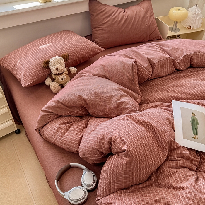 91家纺网 家纺一手货源 找家纺 梦依依 2026新款全棉色织水洗棉拉链款单品被套 晚晴红