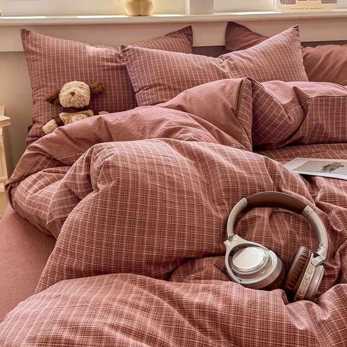 91家纺网 家纺一手货源 找家纺 梦依依 2026新款全棉色织水洗棉拉链款单品被套 晚晴红