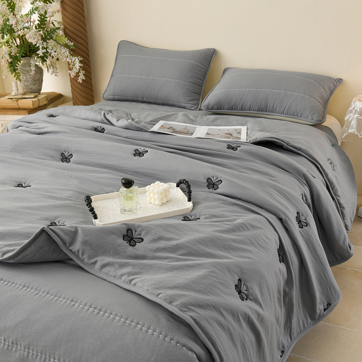 推推家纺 2026新款水洗棉床盖夏被四件套 蝴蝶-灰色