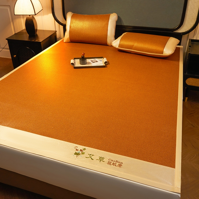 91家纺网 家纺一手货源 找家纺 大元 2026新款凉席刺绣艾草藤席 刺绣款-步步高